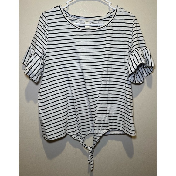 Women’s Black and White Striped Tie-Front Blouse Size Large - Picture 1 of 4